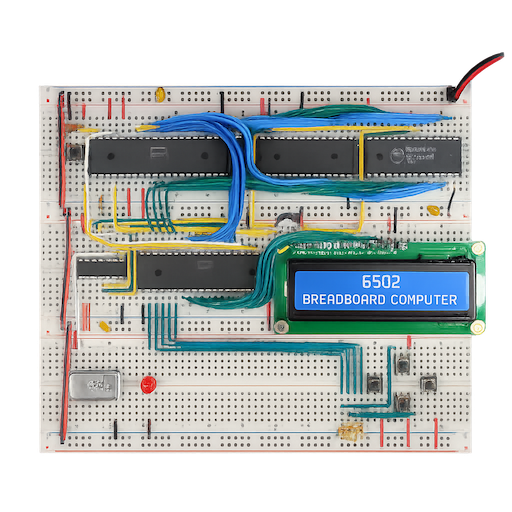 6502 breadboard computer with CPU, colorful wires, and LEDs