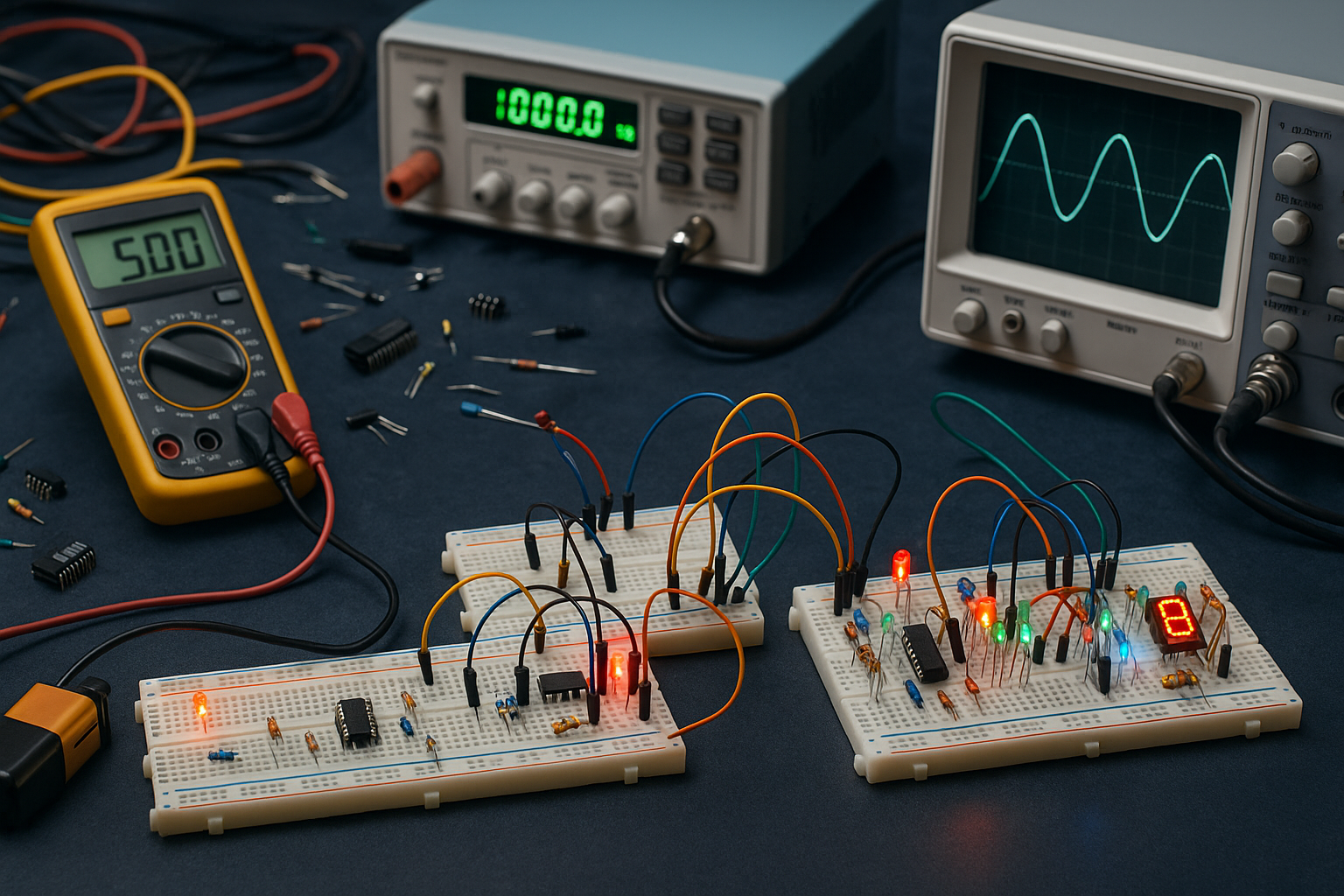 Breadboard projects and test equipment on tables